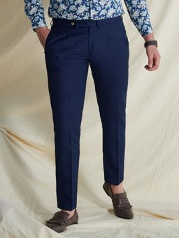MR BUTTON - Men Blue Polyviscose Mid Waist Trouser