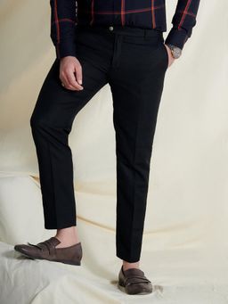 MR BUTTON - Men Black Polyviscose Mid Waist Trouser