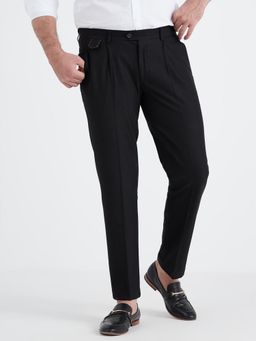 MR BUTTON - Men Black Polyviscose Mid Waist Trouser