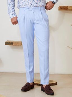 MR BUTTON - Men Blue Polyester Mid Waist Trouser