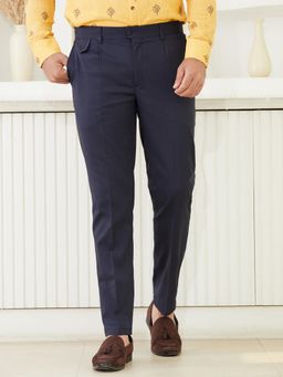 MR BUTTON - Men Navy Blue Poly/Spandex Mid Waist Trouser