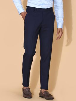MR BUTTON - Men Navy Blue Polyviscose Mid Waist Trouser