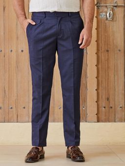 MR BUTTON - Men Navy Blue Polyviscose Mid Waist Trouser