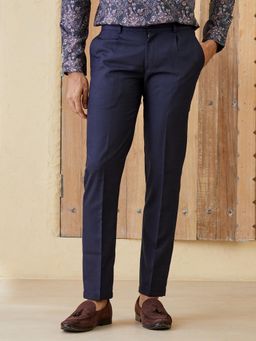 MR BUTTON - Men Navy Blue Polyviscose Mid Waist Trouser
