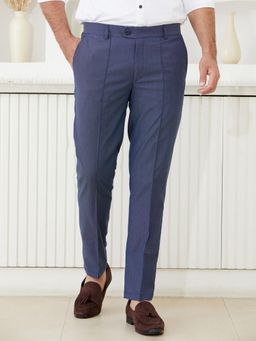 MR BUTTON - Men Navy Blue Polyviscose Mid Waist Trouser