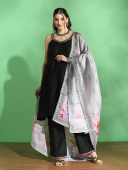Globus - Black Embroidered Kurta with Pant and Printed Dupatta