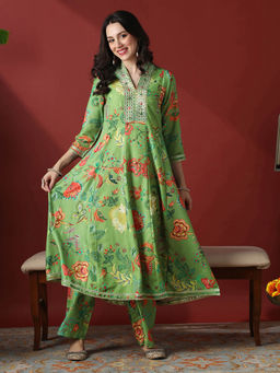 Globus - Green Floral Print Embroidered Anarkali Kurta with Pant