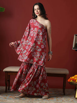 Globus - Red Floral Print Mirror Detail One Shoulder Tunic and Sharara