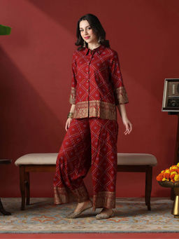 Globus - Maroon Collared Neck Bandhani Print Co-Ord Set