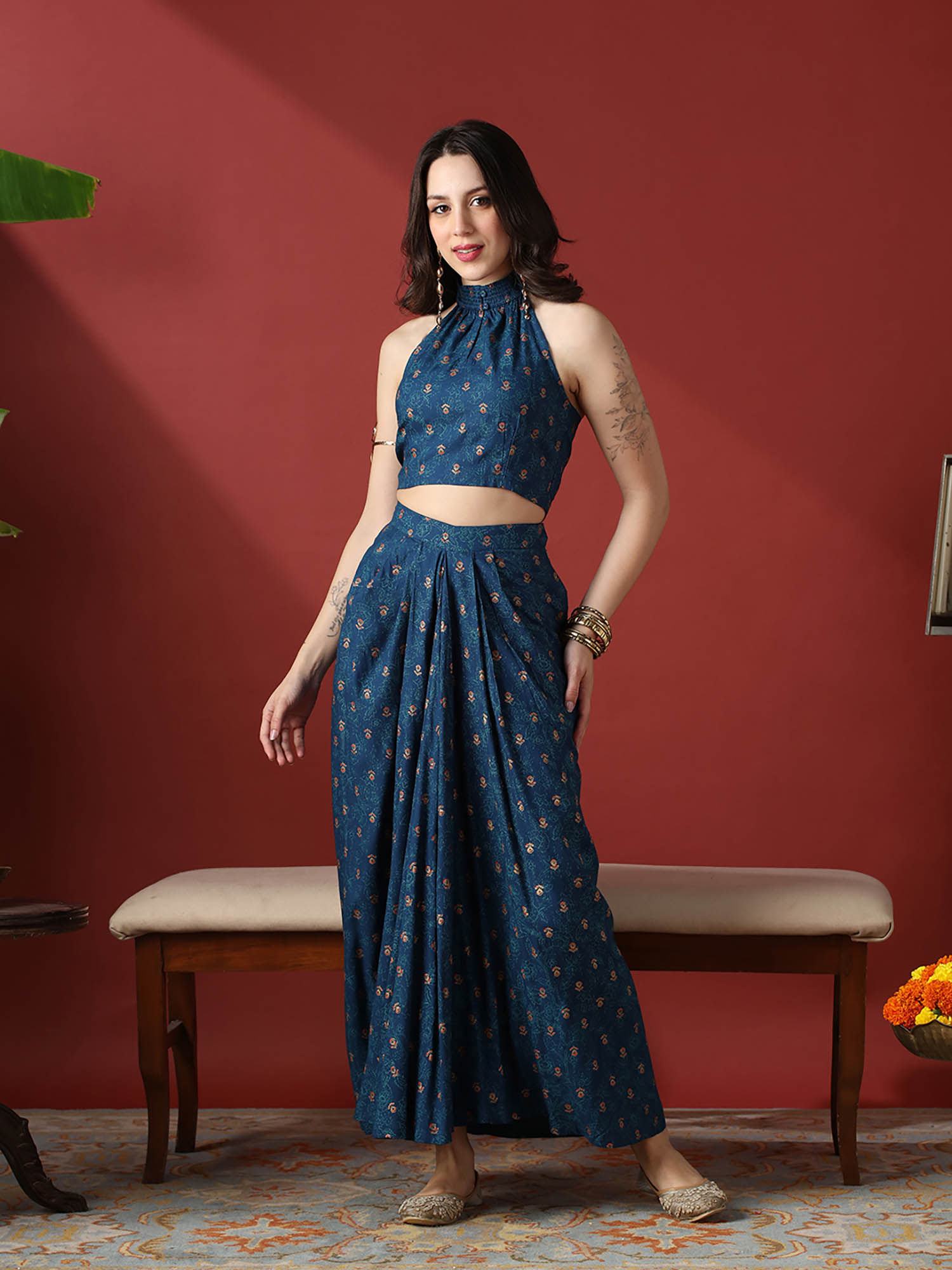 globus Navy Blue Floral Print Halter Neck Crop Top with Maxi Skirt-picture-11