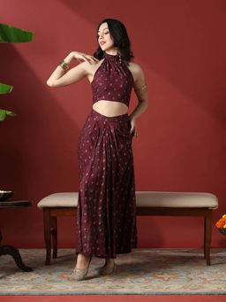 Globus - Maroon Floral Print Halter Neck Crop Top with Maxi Skirt