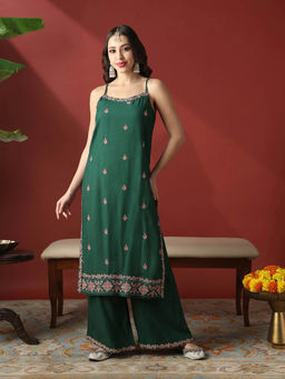 Globus - Green Strappy Shoulder Floral Embroidered Kurta with Palazzo