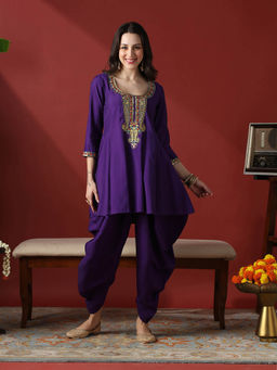 Globus - Purple Sequinned and Embroidered Yoke A-Line Tunic with Dhoti