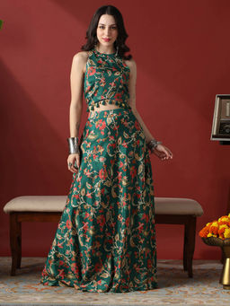 Globus - Green Floral Print Tassel Coin Crop Top with Skirt