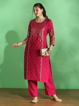 Globus - Pink Round Neck Foil Print Kurta and Pant