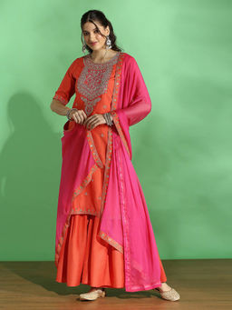 Globus - Orange Embroidered Kurta with Sharara and Dupatta