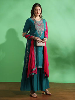Globus - Teal Embroidered Kurta with Sharara and Dupatta