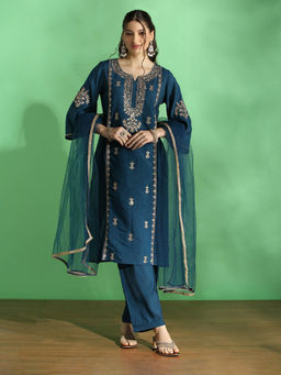 Globus - Navy Blue Embroidered Yoke Zari Kurta with Pant and Dupatta