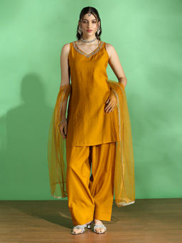 Globus - Mustard Embroidered V-Neck Kurta with Salwar and Dupatta