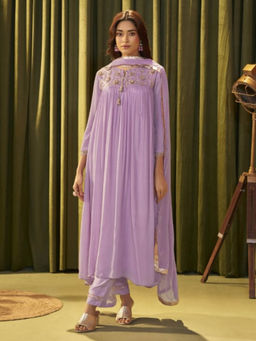 Autumnlane - Albeli Iris Lavender Floral Embroidered Anarkali Kurta with Pant and Dupatta