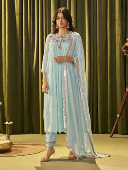 Autumnlane - Albeli Iris Sky Blue Floral Embroidered Anarkali Kurta with Pant and Dupatta