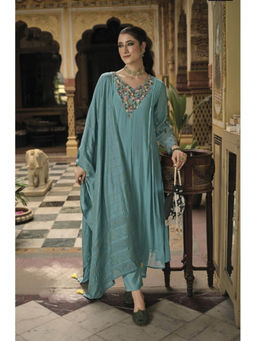 Autumnlane - Chandrani Teal Embroidery Anarkali Kurta with Pant and Dupatta