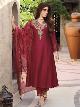 Autumnlane - Falak Nama Red Jam Embroidered Anarkali Kurta with Pant and Dupatta