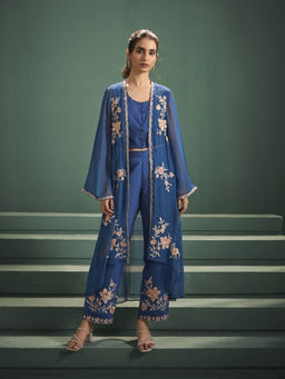 Autumnlane - Kimaya Hibis Blue Embroidered Crop Top and Pant with Jacket