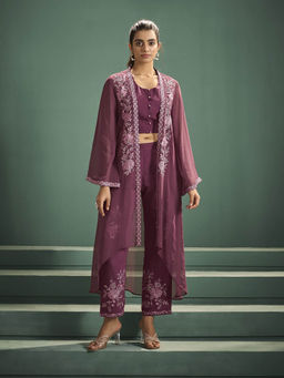 Autumnlane - Kimaya Jam Purple Embroidered Crop Top with Pant and Jacket