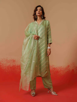 Autumnlane - Palash Minty Green Woven Embroidered Kurta with Pant and Dupatta