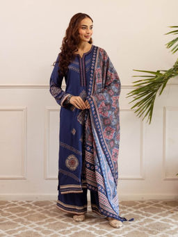 Autumnlane - Stravi Blue Embroidery Kurta with Palazzo and Dupatta