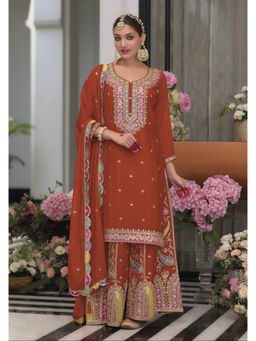 Autumnlane - Uzma Crimson Rust Embroidered Kurta with Sharara and Dupatta