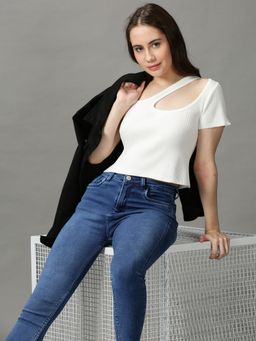 SHOWOFFFF - Womens Scoop Neck Fitted Solid White Crop Top