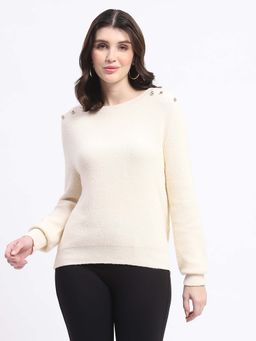 Madame - Button Detailed Self Design Cream Knitted Sweater