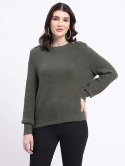 Madame - Button Detailed Self Design Olive Knitted Sweater