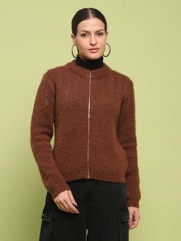 Madame - Self Design Detailed Zipped Brown Cardigan for Women