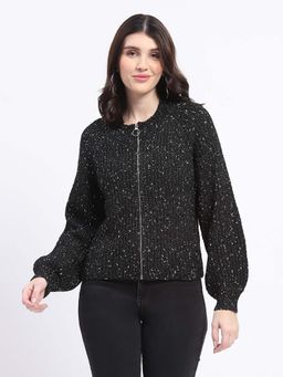 Madame - Speckled Zip Up Black Acrylic Cardigan