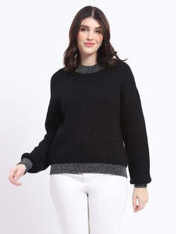 Madame - Color Accented Black Buttoned Sweater for Women