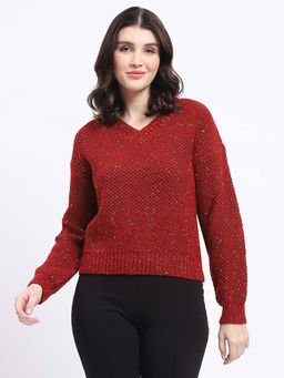 Madame - Acrylic V-Neck Relaxed Fit Red Sweater