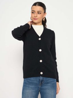 Madame - V Neck Self Design Black Cardigan for Women