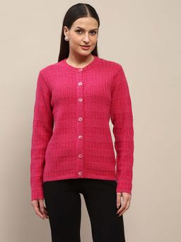 Madame - Cable Knit Buttoned Hot Pink Cardigan for Women