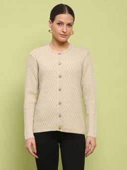 Madame - Glossy Buttoned Cable Knit Beige Cardigan for Women
