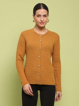 Madame - Glossy Buttoned Cable Knit Mustard Yellow Cardigan for Women