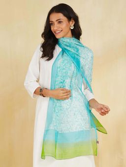 Fabindia - Turquoise Cotton Silk Printed Stole