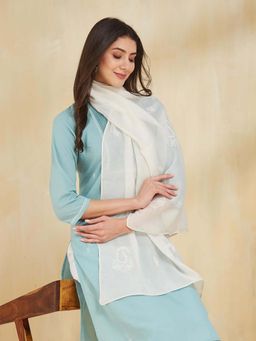 Fabindia - Off White Cotton Silk Embroidered Stole