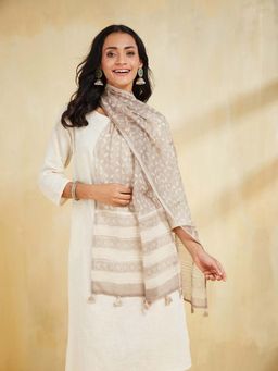 Fabindia - Grey Cotton Silk Printed Stole