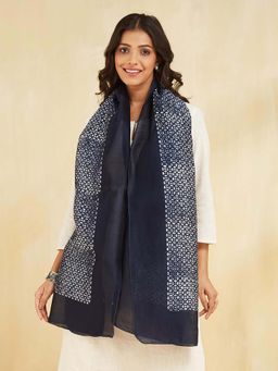 Fabindia - Navy Blue Cotton Silk Printed Stole