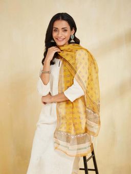 Fabindia - Yellow Cotton Silk Printed Stole