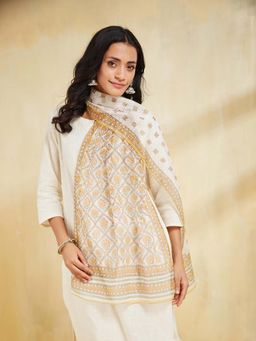 Fabindia - Yellow Cotton Silk Printed Stole