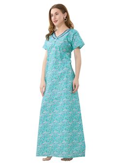 PIU - Front Open Plus Size Cotton Half Sleeves Floral Print Nighty - Pink Green